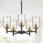 9MMML 5 Lights Glass Chandelier,Modern Kitchen Island Lighting Black and Gold Metal Dining Room Light Fixture for Living Room Foyer,E26