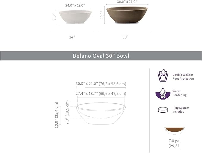 Crescent Garden Delano Oval Planter Bowl, Succulent Garden, Unique Indoor/Outdoor Double-Walled Plant Bowl with Plug- Oval Shape - 30" L x 21" W x 10" H (Caviar Black)