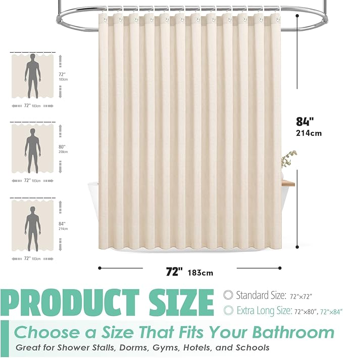 Extra Long Natural Linen Textured Shower Curtain Set with Hooks, Beige Boho Farmhouse Bath Shower Curtains for Bathroom Neutral Cloth, Hotel Luxury, Weighted, 72W x 96L, Cream