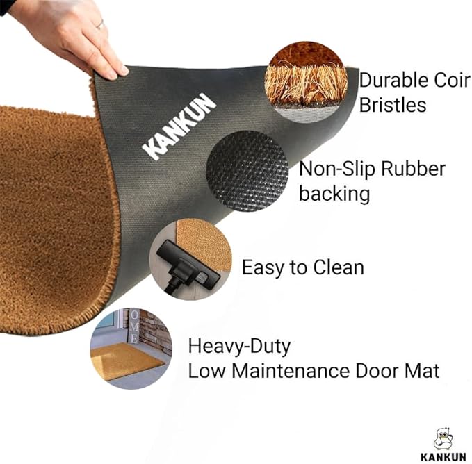 KANKUN Coco Coir Door Mat with Heavy Duty Backing, Welcome Doormat (17" x 30"), Doormat Entrance (Welcome Cat)