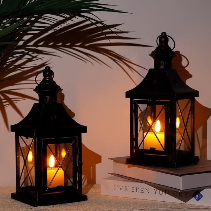 TRIROCKS Set of 2 Decorative Candle Lantern 11'' High Metal Candle Holder Hanging Lantern Perfect for Home Decor Halloween Living Room Parties Events Tabletop Indoors Outdoors (Black with Gold Brush)