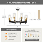 8 Light Gold Chandelier for Dining Room Light Fixtures Black & Brushed Brass Modern Farmhouse Chandelier Industrial Hanging Pendant Lighting for Living Room Kitchen with Glass Shade