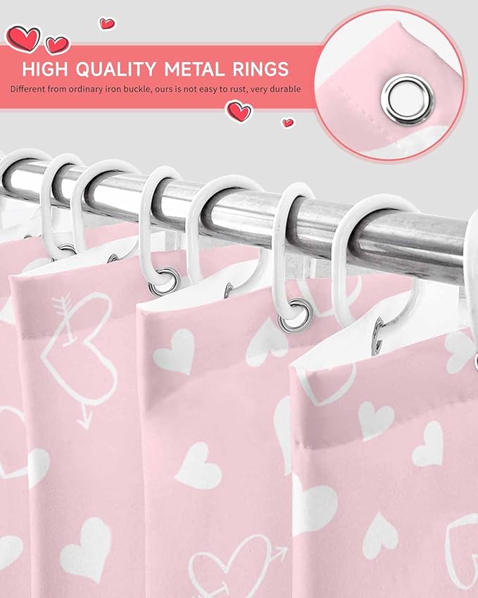 Vandarllin Pink Valentine's Day Shower Curtain, Valentines Love Heart Shower Curtains Set with Hooks, Waterproof Fabric Bathroom Curtains Decor Home Accessories,66 X 72 Inch Long