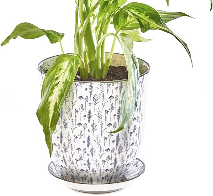 CHIVE ‘Liberte’ Ceramic Succulent Pots — 4.25” Cute Vintage Farmhouse Style Planters for Indoor Plants — Beautiful Home & Kitchen Decor — Blue Feathers