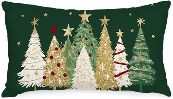 AACORS Christmas Pillow Cover 12X20 Inch Watercolor Christmas Tree Stars Decoration Holiday Farmhouse Winter Pillow Case for Sofa Couch Decor（Green） AA366-12