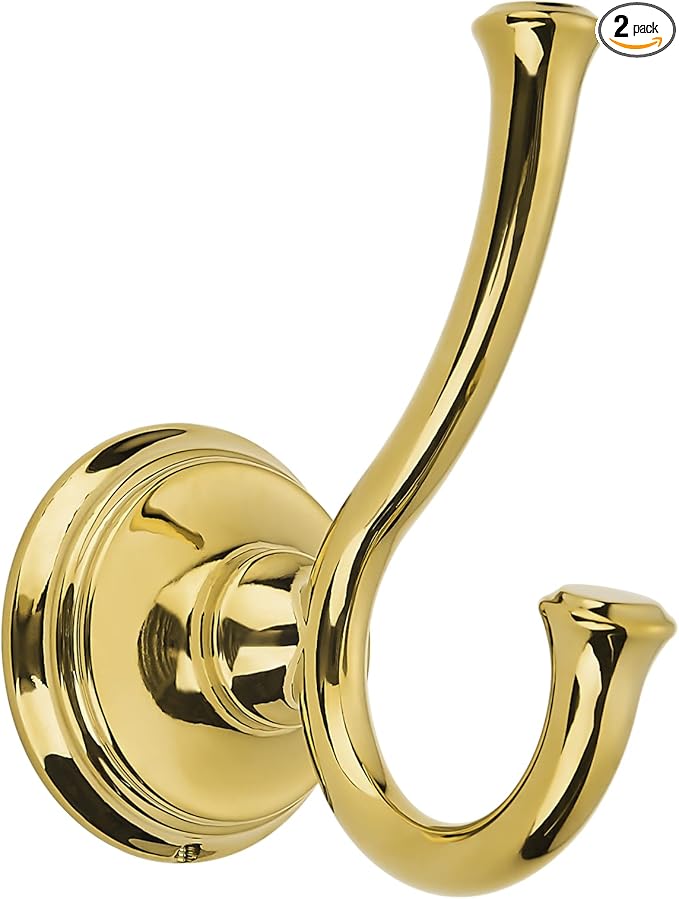 TUNNY Towel Hook Bathroom-2 Pack Shiny Gold（PVD-Gold） Double Robe/Towel Hook Wall Mounted Hook for Bathroom Bedroom Kitchen