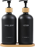 Black Soap Dispenser Bathroom Set, Bamboo Pumps & Tray, Hand Soap, and Lotion Dispenser Set Suitable for Bathroom Counter Decor. (Black)