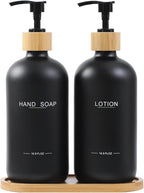 Black Soap Dispenser Bathroom Set, Bamboo Pumps & Tray, Hand Soap, and Lotion Dispenser Set Suitable for Bathroom Counter Decor. (Black)