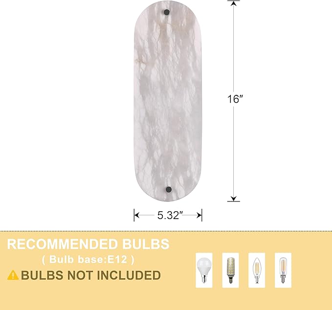 2 Pack 2 Light Oval 16" Alabaster Marble Bathroom Wall Sconce Modern Concise Style Wall Light Fixture,Dark Gray Finish for Bedroom Hallway Bedside