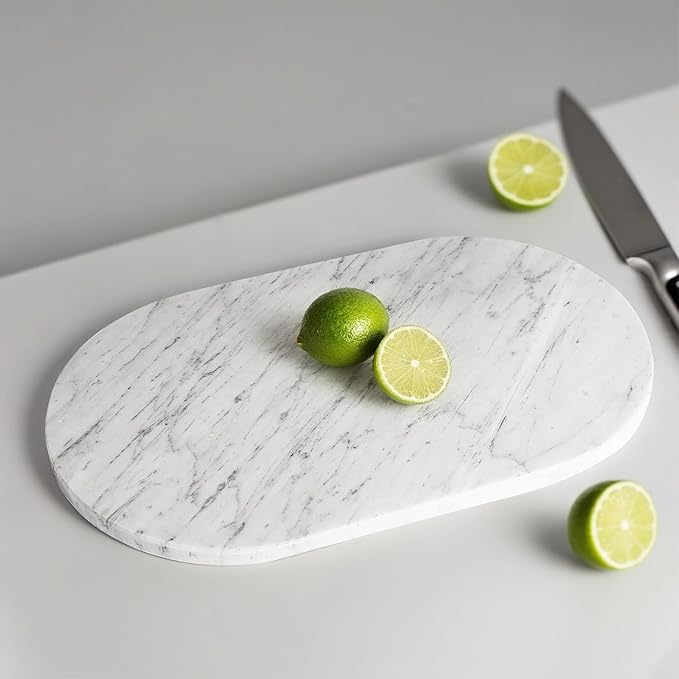 16.5"x9.8" Dual-Sided White Marble Cutting Board for Kitchen - Oval Stone Chopping Board with Anti-Slip Silicone Feet