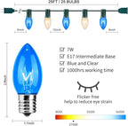 C9 Blue and Clear Christmas String Lights, Outdoor Christmas Lights String, Hanging Roofline Lights, Patio Lights for Outdoor Decor, Green Wire, 25 Feet