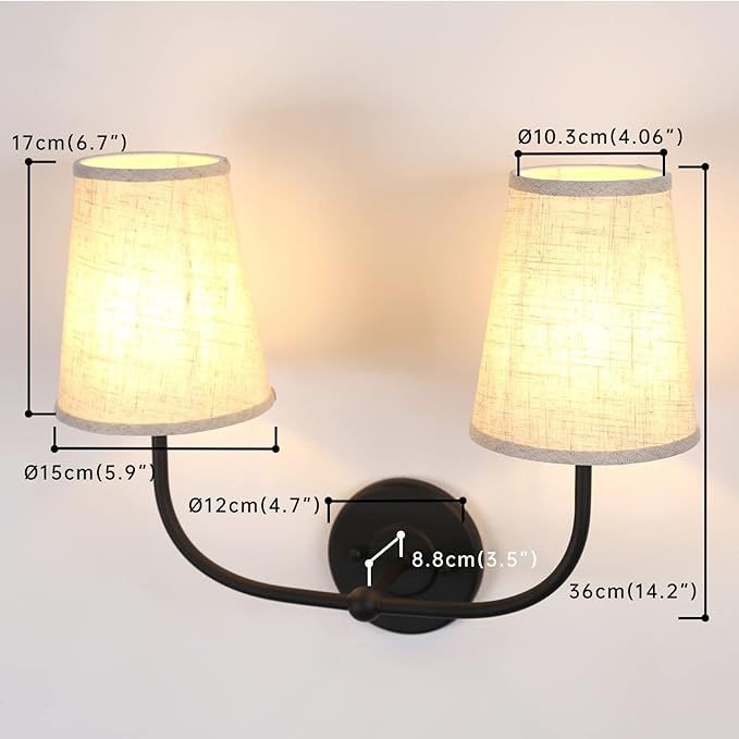 2-Lights Wall Sconces with Funnel Linen Fabric Shades, Double Light Wall Lamps for Bedroom Living Room Vanity Bathroom Hallway Stairway