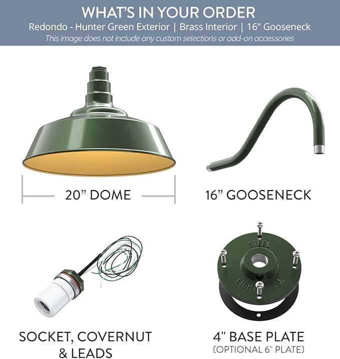 Steel Lighting Co. Redondo Barn Light | Outdoor Wall Mounted | 20 inch Dome | 16" Gooseneck | Large Farmhouse Warehouse Light Made in America | Hunter Green Exterior/Brass Interior