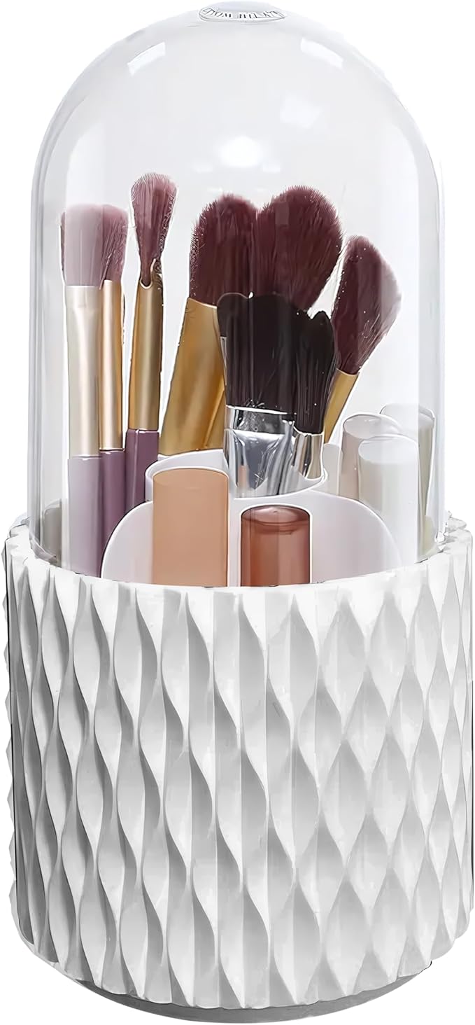 Makeup Brush Holder, 360° Rotating Makeup Brush Organizer with 5 Slots, Clear Dustproof Makeup Brush Holder with Lid, Make Up Organizers for Vanity Bathroom Countertop