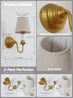 Vintage Battery Operated Wall Sconces Set of 2,Brass Gold Fabric Sconce Light with Linen Cloth Shade Dimmable Rechargeable Cordless Wall Mounted Lamp for Bedroom Living Room Hallway