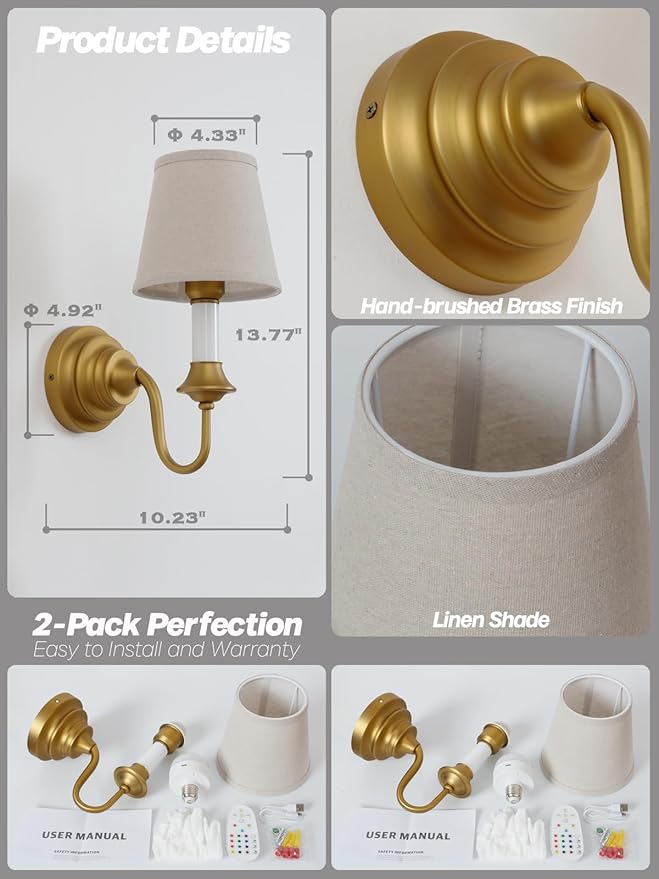 Vintage Battery Operated Wall Sconces Set of 2,Brass Gold Fabric Sconce Light with Linen Cloth Shade Dimmable Rechargeable Cordless Wall Mounted Lamp for Bedroom Living Room Hallway