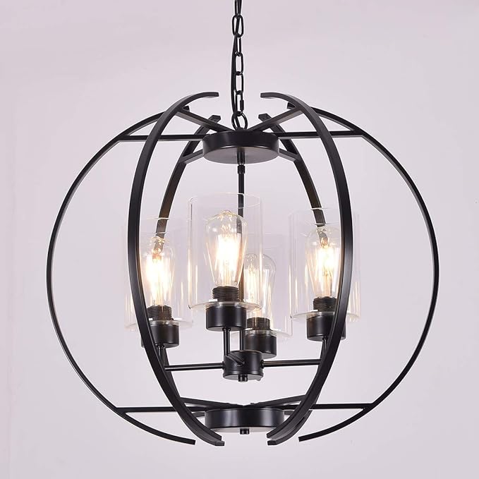 Farmhouse Black Chandelier Globe 24" Pendant Lighting with Clear Glass Shade Hanging Ceiling Light Fixture for Dining Room Living Room Foyer Kitchen Island