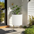 FONTOI 20.3'' Front Porch Planter Stand, Outdoor Round Plant Stand for Porch, Plastic Striped Planter Stand with 3 Holder, Indoor Flower Pots Stand for Tall Plants, Porch Decor,White