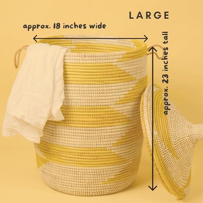 Large Yellow Basket - Organize Bedroom, Living Room, Nursery - Laundry Hamper, Toy Bin, Blanket Storage, Towels Holder - Decorative, Boho Style - Wicker, Woven, Lid, Handles