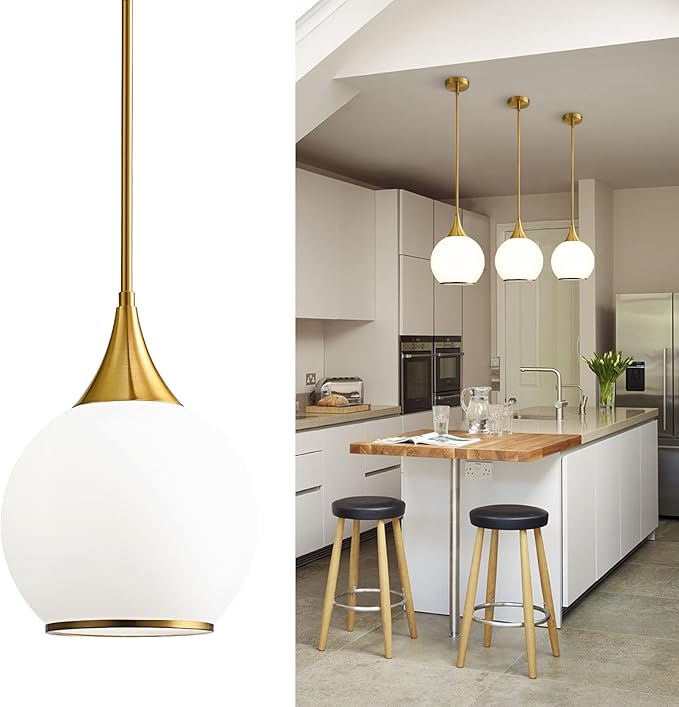 Pendant Lights Kitchen Island: Brushed Gold Light Fixture Farmhouse with Milk Glass - 10 Inch Mid Century Globe Kitchen Lighting Fixtures Ceiling for Dining Room
