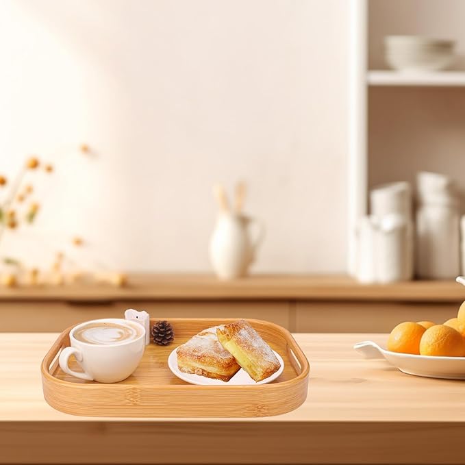 2 Pack Bamboo Serving Trays with Handles, Rectangular Bamboo Trays for Serving Food, Tea, or Dining in Bed