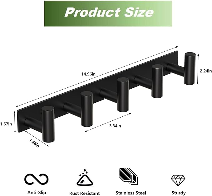 Coat Rack Wall Mounted with 5 Hooks,Heavy Duty Stainless Steel Wall Hooks for Towel Coat Bag, Hat Rack Coat Hanger Coat Hooks Towel Racks for Bathroom Entryway Kitchen Hotel (Black, 2 Packs)