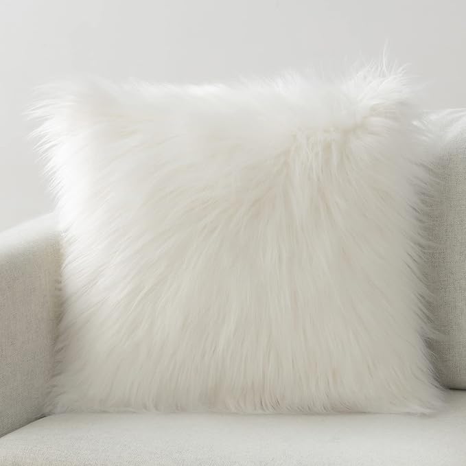 Phantoscope Faux Fur Solid Decorative Pillow Cover Fluffy Throw Pillow Mongolian Luxury Fuzzy Pillow Case Cushion Cover for Bedroom and Couch, Off-White 22 x 22 Inches, Pack of 1