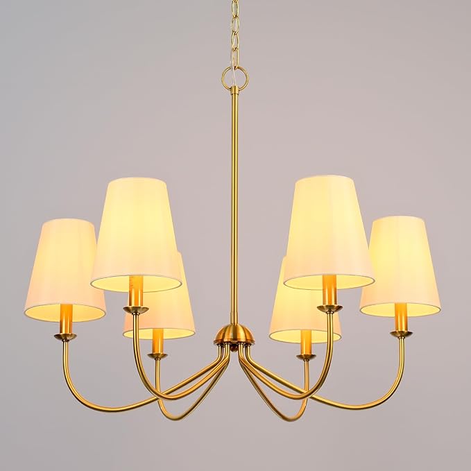 Gold Chandelier, Brushed Brass with Beige Fabric Shade, 6-Light 28" Modern Farmhouse Linear Pendant Lighting Fixture for Kitchen Island