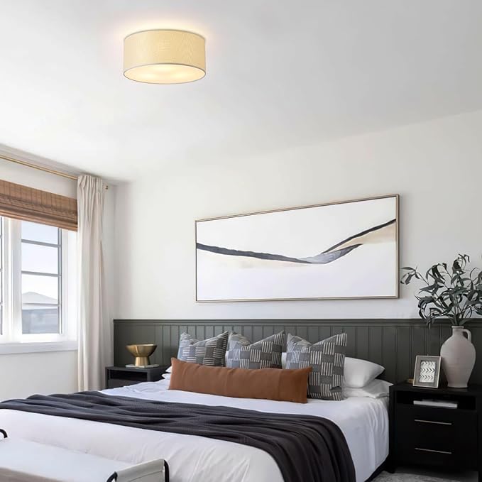 3-Light Semi Flush Mount Ceiling Light Fixture,Round Ceiling Light Fixture for Bedroom,12.6" Modern Close to Ceiling Light with Linen Fabric Drum Shade,Ceiling Lamps for Hallway Living Room