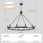 Black Wagon Wheel Chandelier 12-Light Farmhouse Chandelier for Living Room 38" Round Rustic Industrial Hanging Light Fixture for Dining Room Foyer Hallway Kitchen Island