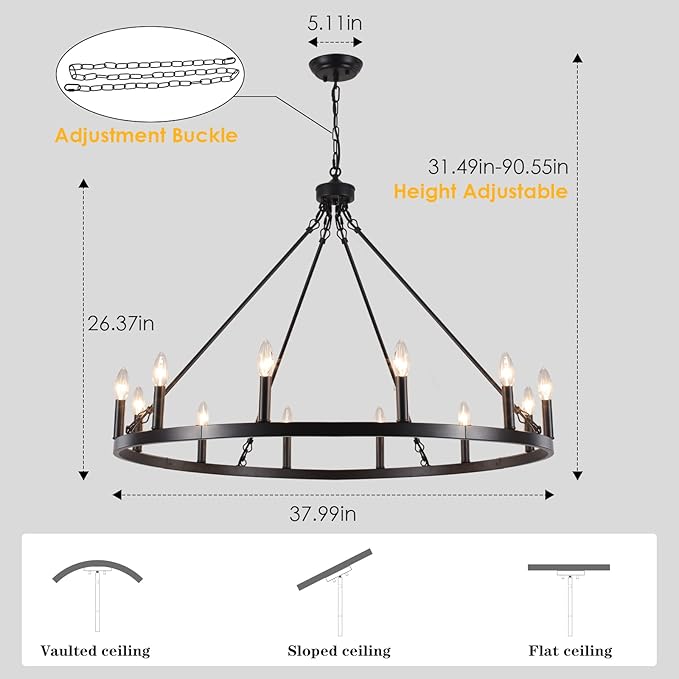 Black Wagon Wheel Chandelier 12-Light Farmhouse Chandelier for Living Room 38" Round Rustic Industrial Hanging Light Fixture for Dining Room Foyer Hallway Kitchen Island