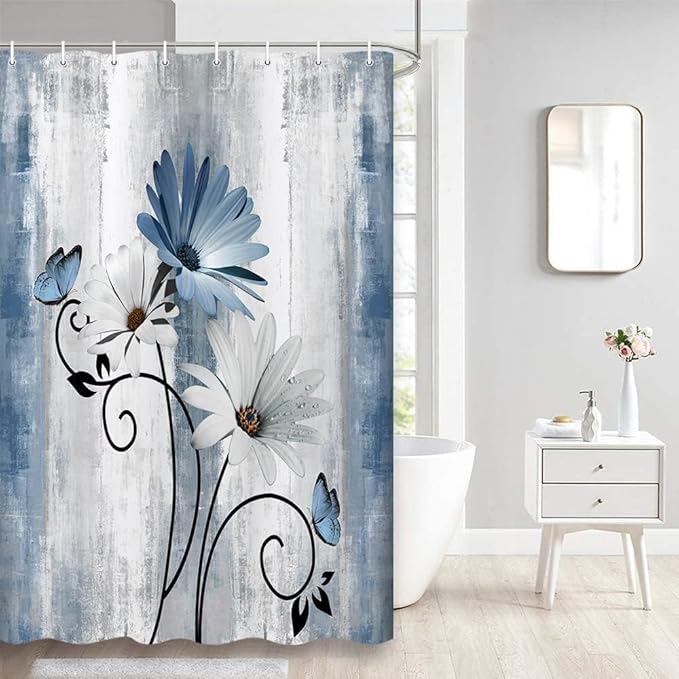 Rustic Farmhouse Shower Curtain, Farm Blue Daisy Floral Flowers and Butterfly on Country Wooden Shower Curtain for Bathroom with 12PCS Hooks, 48X70IN, Turquoise Blue
