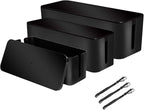 [Set of 3] 3 Cable Management Boxes + 3 Wire Ties, Large Cord Box Organizers to Hold and Hide Power Strip Charger Adapter Power Cord Charging Station USB HUB (Black)