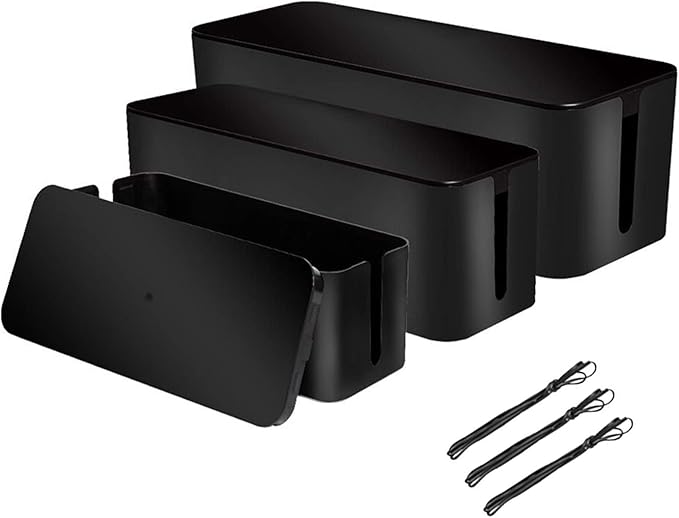 [Set of 3] 3 Cable Management Boxes + 3 Wire Ties, Large Cord Box Organizers to Hold and Hide Power Strip Charger Adapter Power Cord Charging Station USB HUB (Black)
