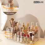 Makeup Organizer with Drawers and 360° Rotating Brush Holder, Large Capacity Cosmetic Storage for Vanity, Skincare, Perfume, Hair Accessories, Lipstick & Jewelry (Clear, 3-layer)