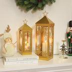 NEEDOMO Christmas Decorations Outdoor&Indoor, 17''/12'' Metal Candle Lantern Decor,Christmas Lanterns with Snowflakes Stars and LED Candle for Home Porch Patio Table Centerpieces, Xmas,No Glass