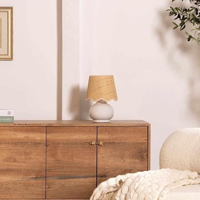 BoutiqueRugs Navarro Boho Ceramic Bedside Table Lamp for Bedroom Nightstand and Living Room - Shade Rattan - White, Beige - 13" H