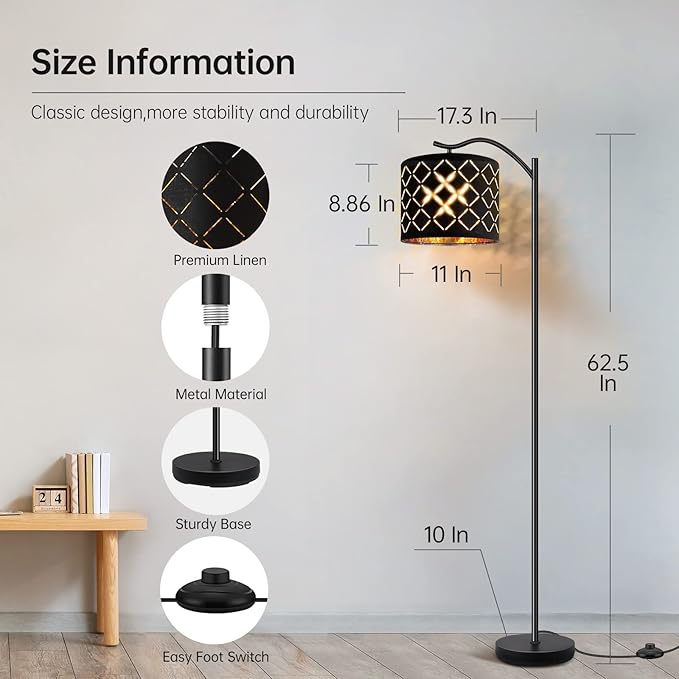 BoostArea 8W LED Arched Floor Lamp with Natural Linen Shade, Tall Modern Standing Lamp for Living Room, Office, Laser Square Shade