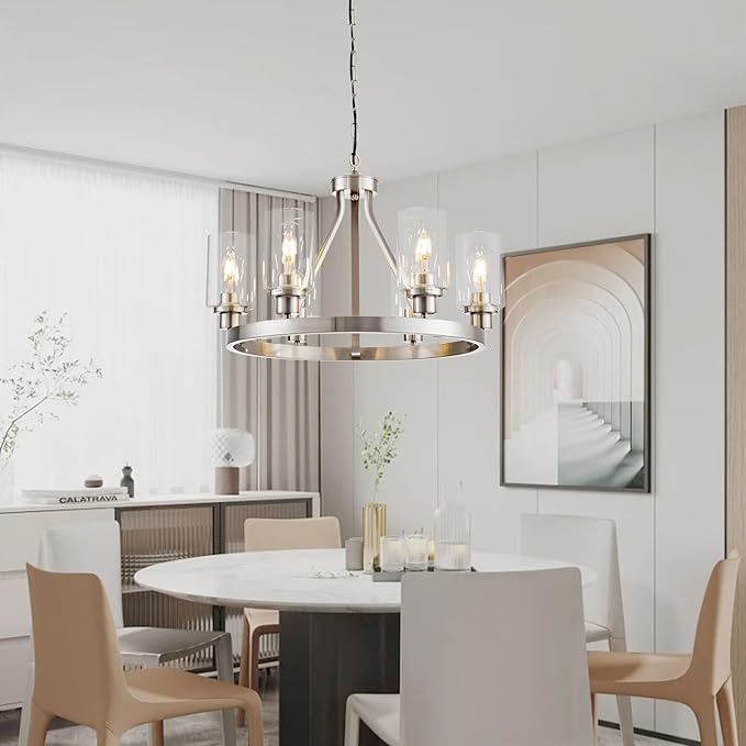 6-Light Modern Dining Room Light Fixture Brushed Nickel Kitchen Chandelier Ceiling Hanging Pendant Lighting with Glass Shade for Living Room Bedroom Entryway Adjustable Height Metal E26