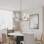 6-Light Modern Dining Room Light Fixture Brushed Nickel Kitchen Chandelier Ceiling Hanging Pendant Lighting with Glass Shade for Living Room Bedroom Entryway Adjustable Height Metal E26