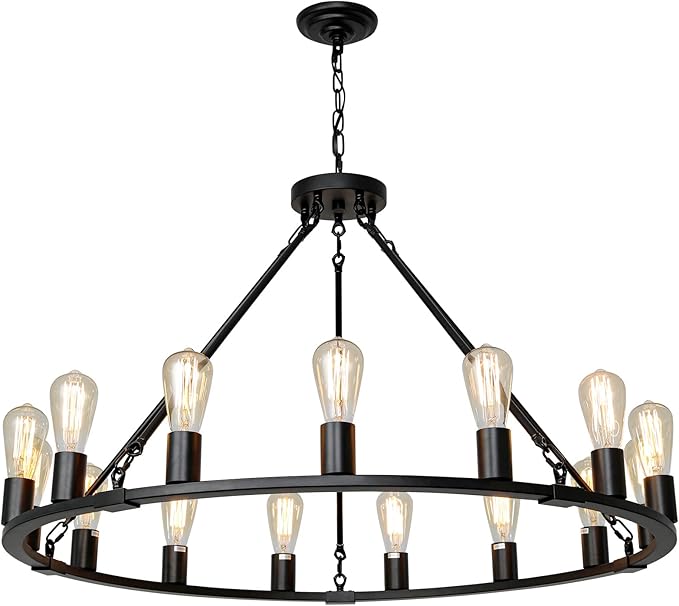 Wagon Wheel Chandelier, 15 Light Black Farmhouse Chandeliers for Dining Room, Dia 40'' Industrial Dining Room Light Fixture for Kitchen Island Living Room Foyer