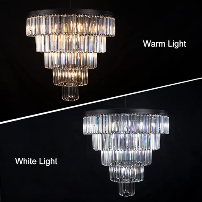 TOCHIC Large Crystal Chandelier for High Ceiling, 40 inch 7-Tier Modern Black Crystal Chandeliers Lighting Fixture, Round Light for Entryway Staircase Foyer Living Room (Black, 31.5 Inches)
