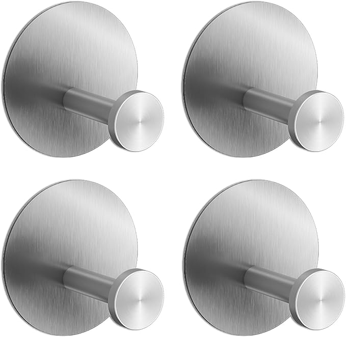 Towel Hooks for Bathroom (4 Pack) Adhesive Towel Hook Shower Hooks for Inside Shower - Sticky Bathroom Wall Hooks for Hanging Towels, Robe, Loofah, Bath Sponge (Style 2 - Silver)