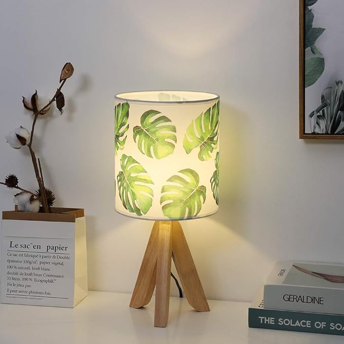 HAITRAL Small Table Lamp - Tripod Nightstand Lamp, Modern Bedside Desk Lamp for Kids Room, Girls Room, Bedroom, Dorm Room, Office with Wooden Base Fabric Lamp Shade