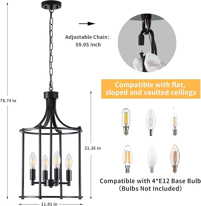 4-Light Black Chandeliers for Dining Room, Foyer Chandeliers Lantern Tiered Industrial Ceiling Light Metal Modern Farmhouse Pendant Lights for Kitchen Island Entryway, Living Room