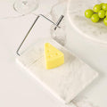 White Marble Cheese Board with Stainless Steel Slicer - Unique Grey Veining and Grooved Design White Marble Cheese Board, Cheese Cutting Serveware For Kitchen, 9.75" W x 8.5" D x 0.75" H