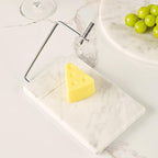 White Marble Cheese Board with Stainless Steel Slicer - Unique Grey Veining and Grooved Design White Marble Cheese Board, Cheese Cutting Serveware For Kitchen, 9.75" W x 8.5" D x 0.75" H