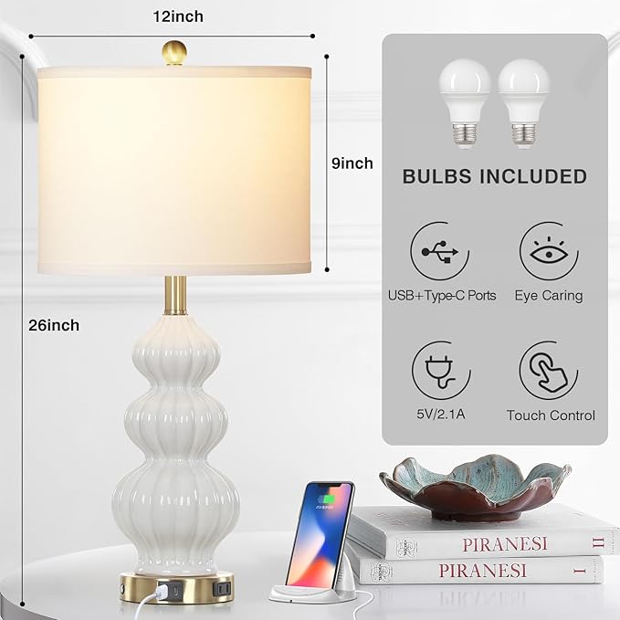 Modern White Table Lamps Set of 2 - Bedside Lamps for Night Stands, 26" Triple Gourd Ceramic Lamps for Living Room with USB A+C Ports & AC Outlet,3 Way Touch Lamps for Bedroom (LED Bulbs Included)