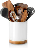 Nucookery 360° Rotating Utensil Holder, 7.2" Large Utensil Crock, White Ceramic Cooking Utensil Organizer with Countertop-Protection Cork Bottom for Farmhouse Kitchen Decor Christmas Gift (White)