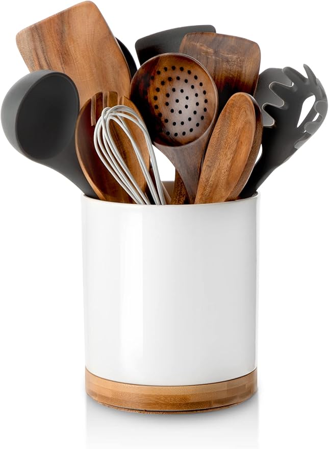 Nucookery 360° Rotating Utensil Holder, 7.2" Large Utensil Crock, White Ceramic Cooking Utensil Organizer with Countertop-Protection Cork Bottom for Farmhouse Kitchen Decor Christmas Gift (White)